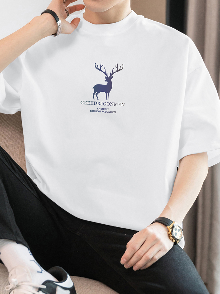 シンプルファッション 純綿ヘビーウェイト鹿モチーフプリントTシャツ