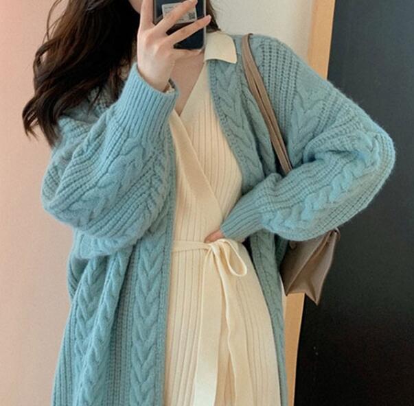 シンプルファッション ケーブル編みロングニットカーディガン