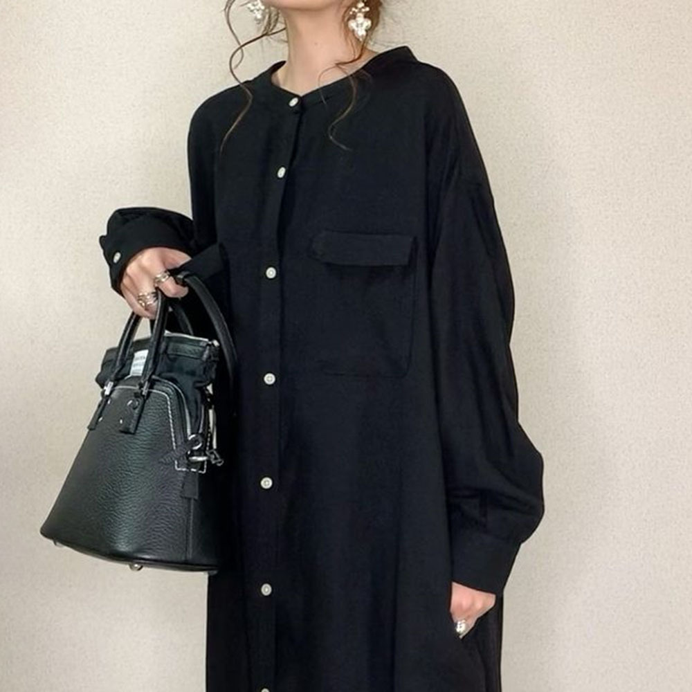 シンプルファッション シングルボタン ロング丈シャツワンピース