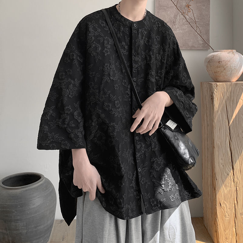 シンプルファッション 立体花柄ノーカラーシャツ サイドスリット