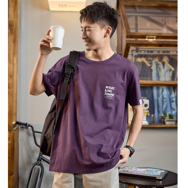 シンプルファッション 胸元メッセージプリント綿素材半袖Tシャツ