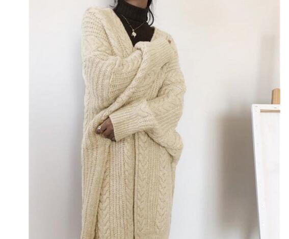 シンプルファッション ケーブル編みロングニットカーディガン