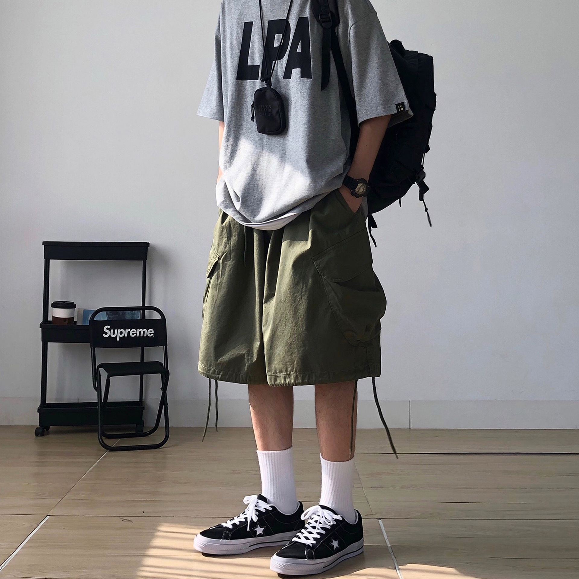 シンプルファッション ユニセックスワイドカーゴハーフパンツ
