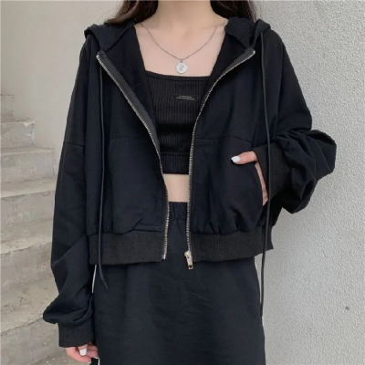 シンプルファッション ゆったりシルエットフードジップパーカー