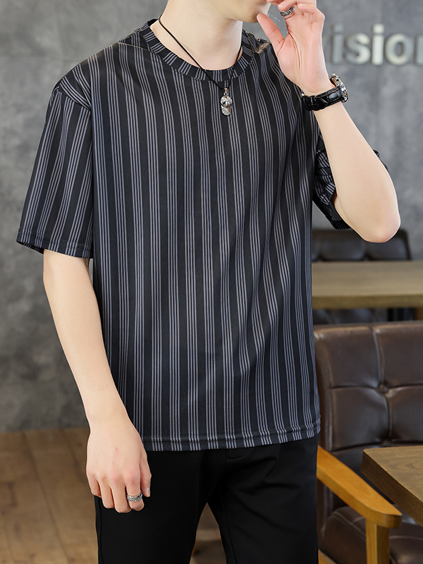 シンプルファッション シンプル縦ストライプ半袖カットソー