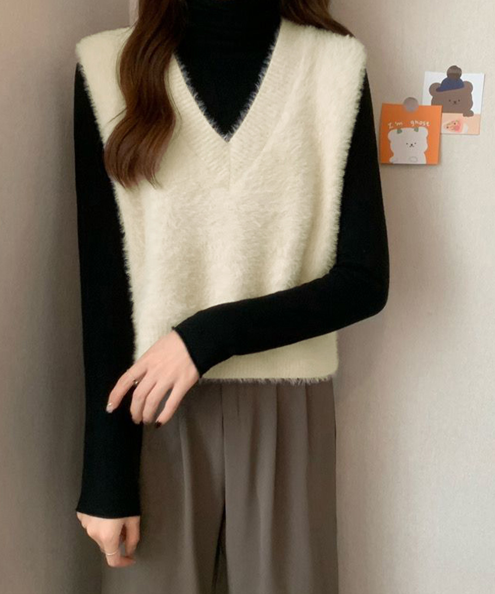 シンプルファッション ふわふわシャギーニットベスト