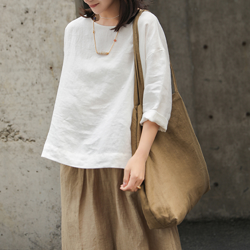 シンプルファッション リネン風ゆったり袖トップス
