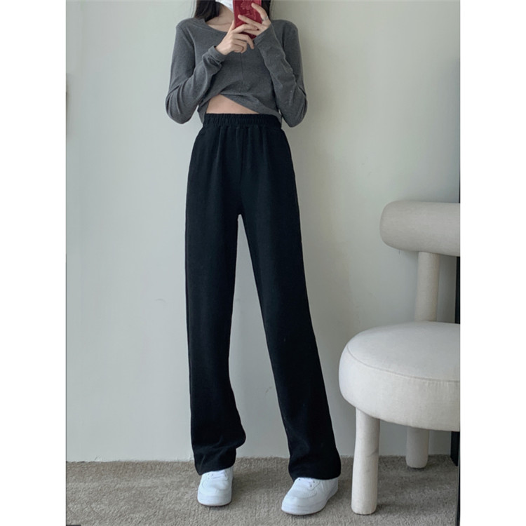 シンプルファッション シンプル ワイドレッグパンツ ハイウエスト 伸縮素材