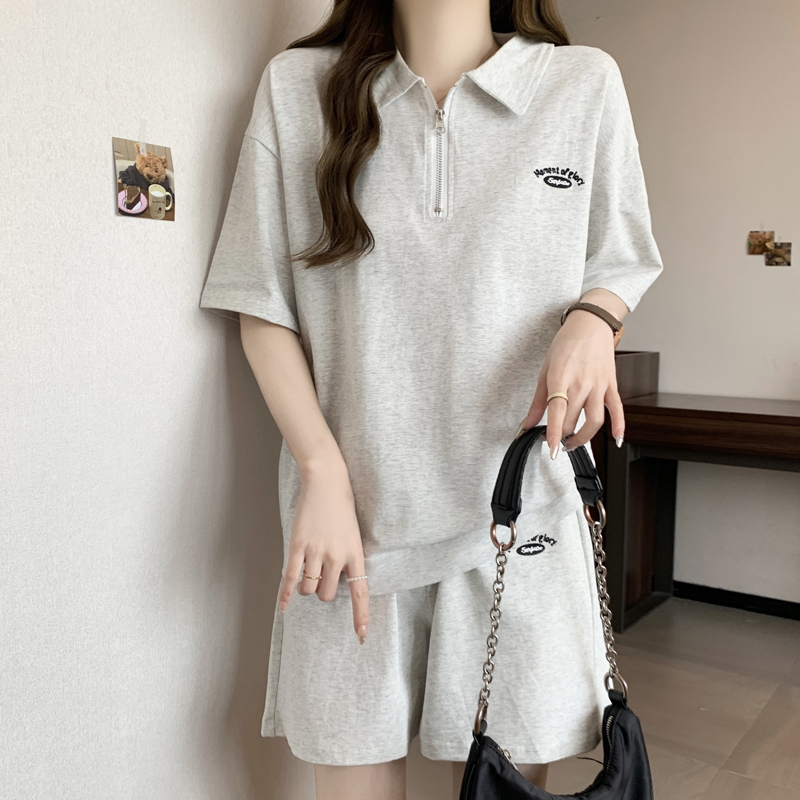 シンプルファッション ハーフジップ襟付きTシャツショートパンツセット