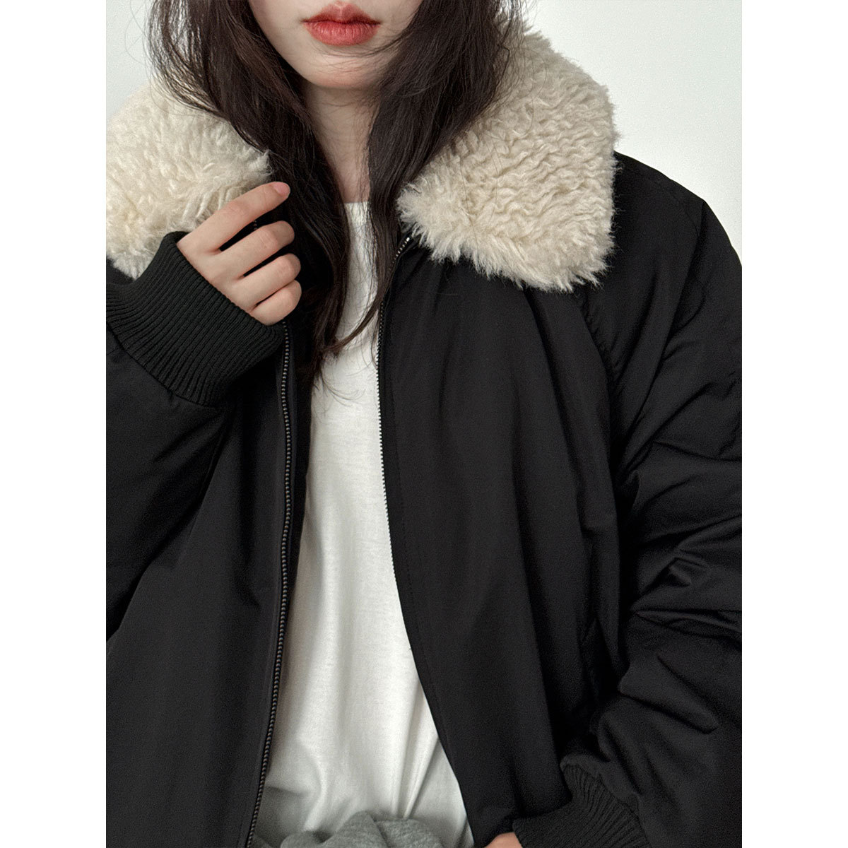 シンプルファッション ファー襟ボリュームジャケット レディース 韓国風 アウター