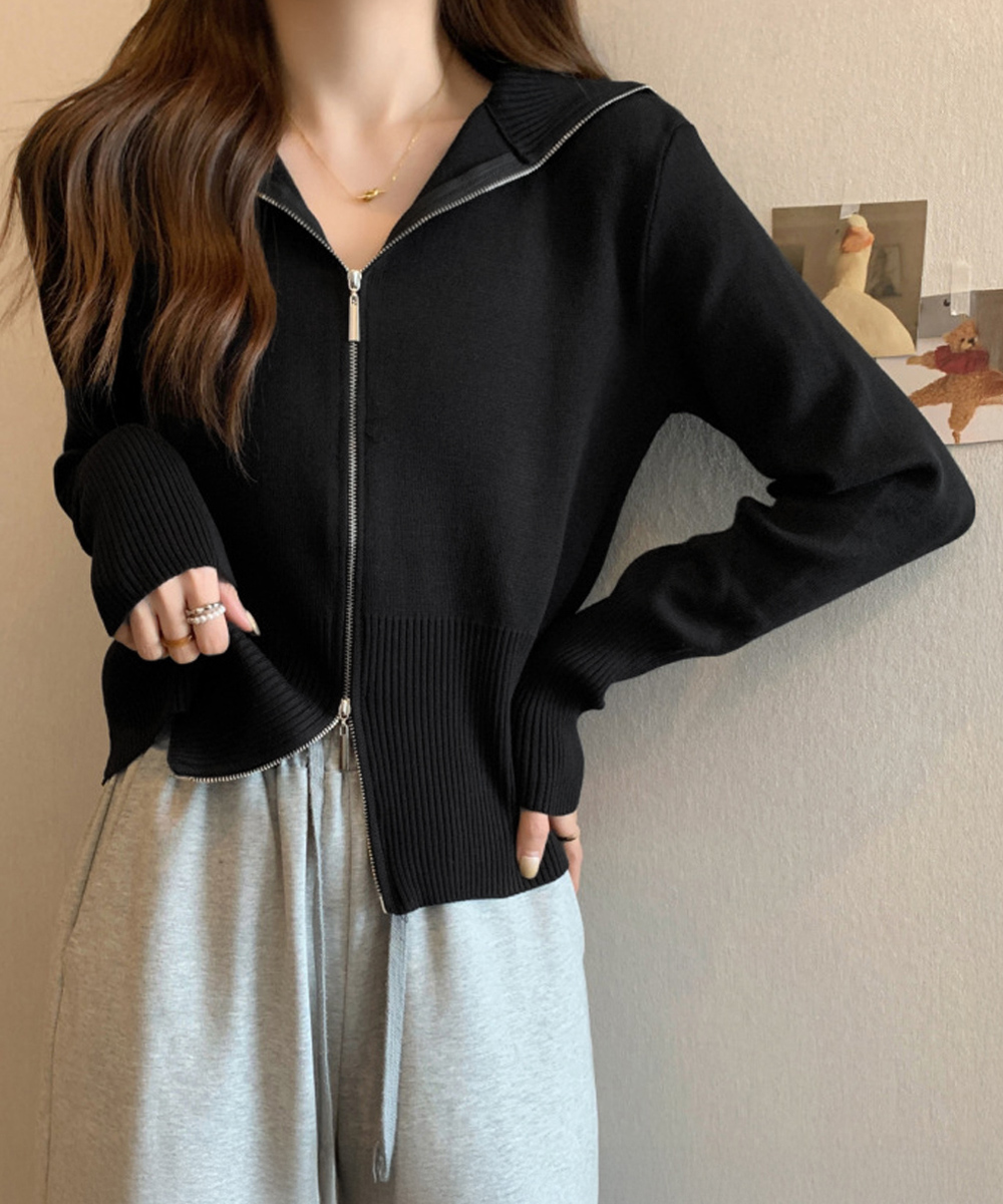シンプルファッション 薄手ダブルジップニットカーディガン