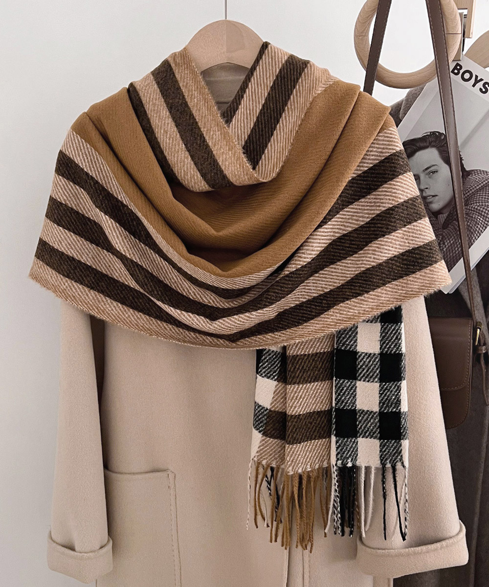 シンプルファッション ストライプ柄大判マフラー レディース秋冬ストール