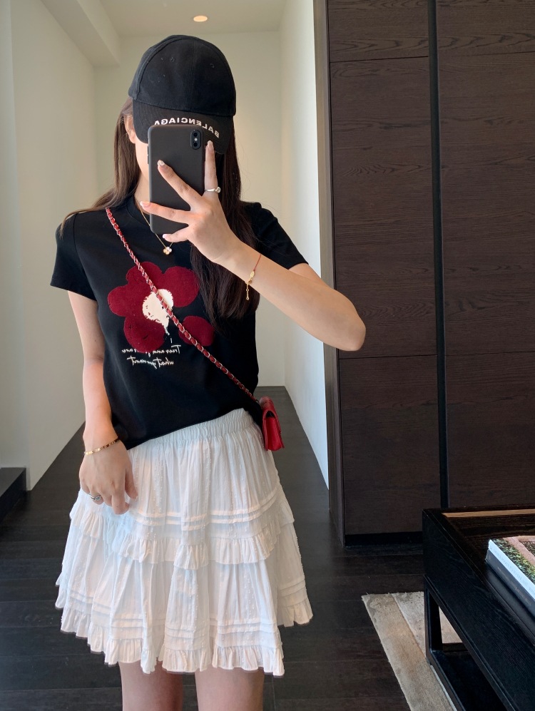 シンプルファッション 植毛花柄プリント半袖Tシャツ