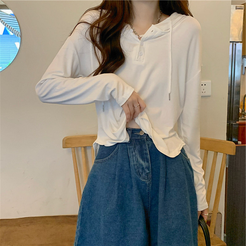 シンプルファッション フード付きヘンリーネックトップス
