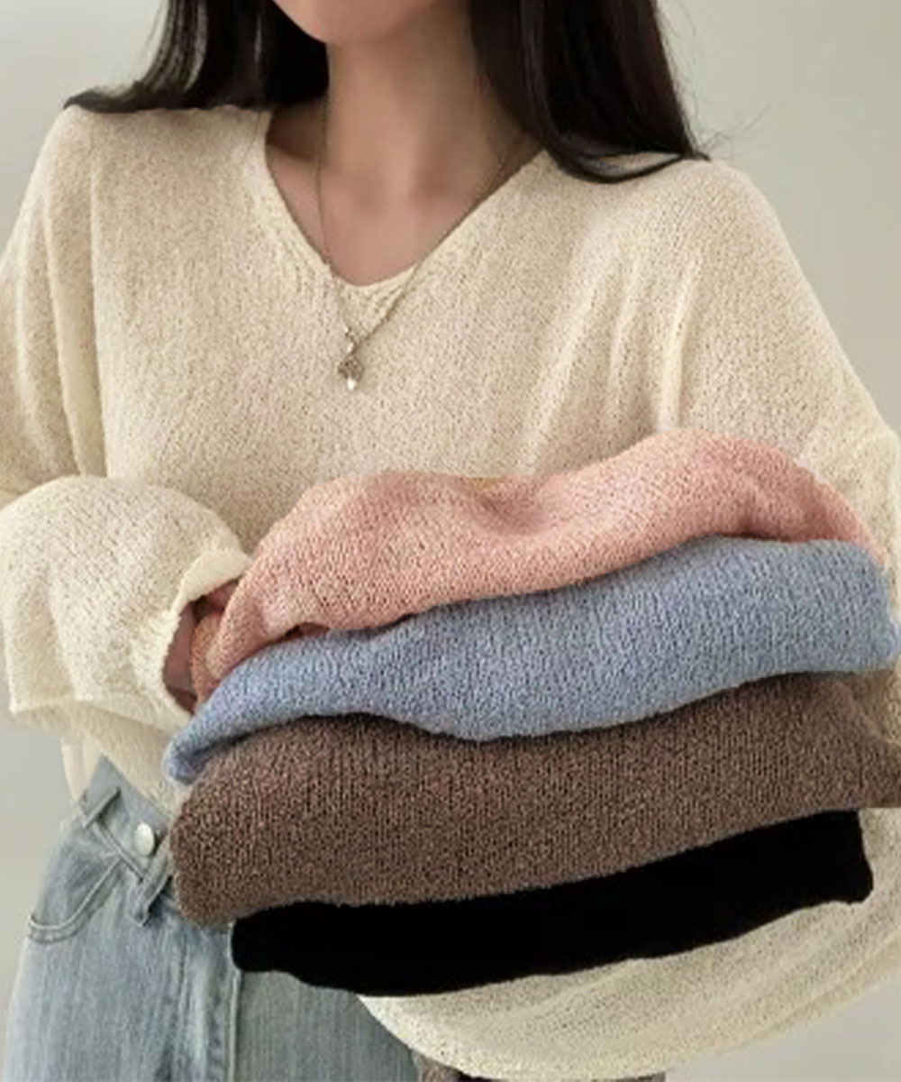 シンプルファッション 透け感ブイネック長袖ニットトップス