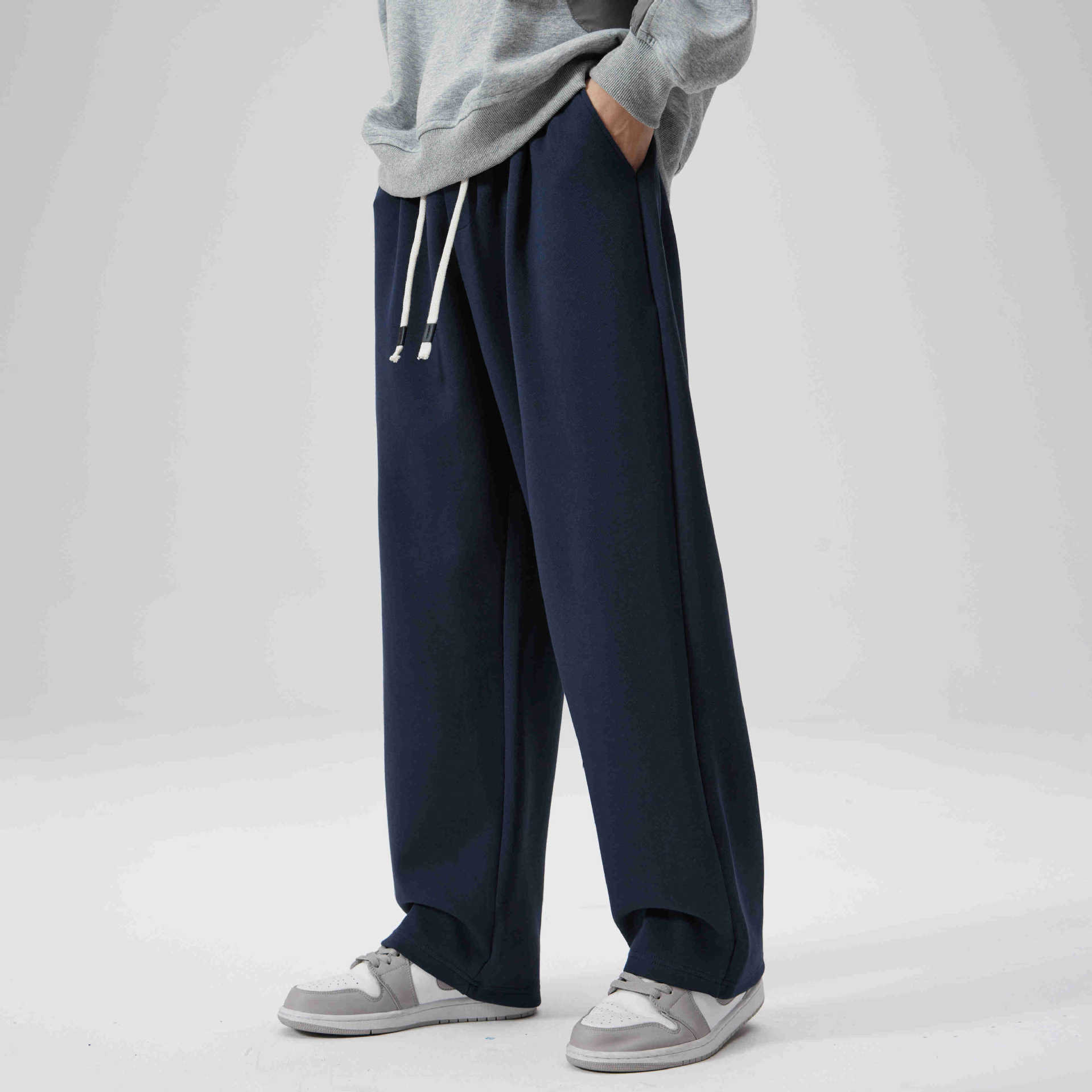 シンプルファッション ドローコード付きゆったりストレートパンツ