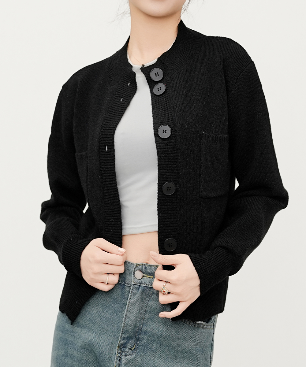 シンプルファッション ショート丈ニットカーディガン ポケット付き