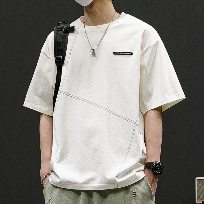 シンプルファッション シルキー素材デザインステッチ半袖Tシャツ
