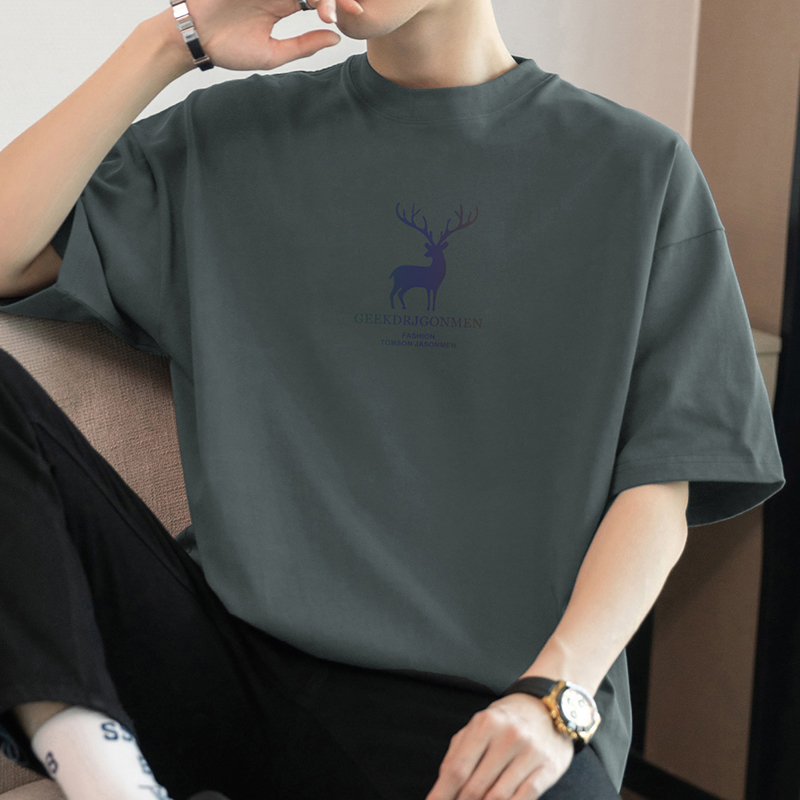 シンプルファッション 純綿ヘビーウェイト鹿モチーフプリントTシャツ