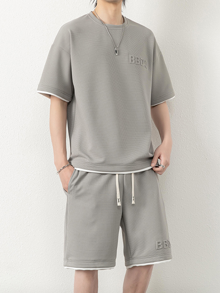 シンプルファッション ワッフル地セットアップ 半袖シャツ&ハーフパンツ