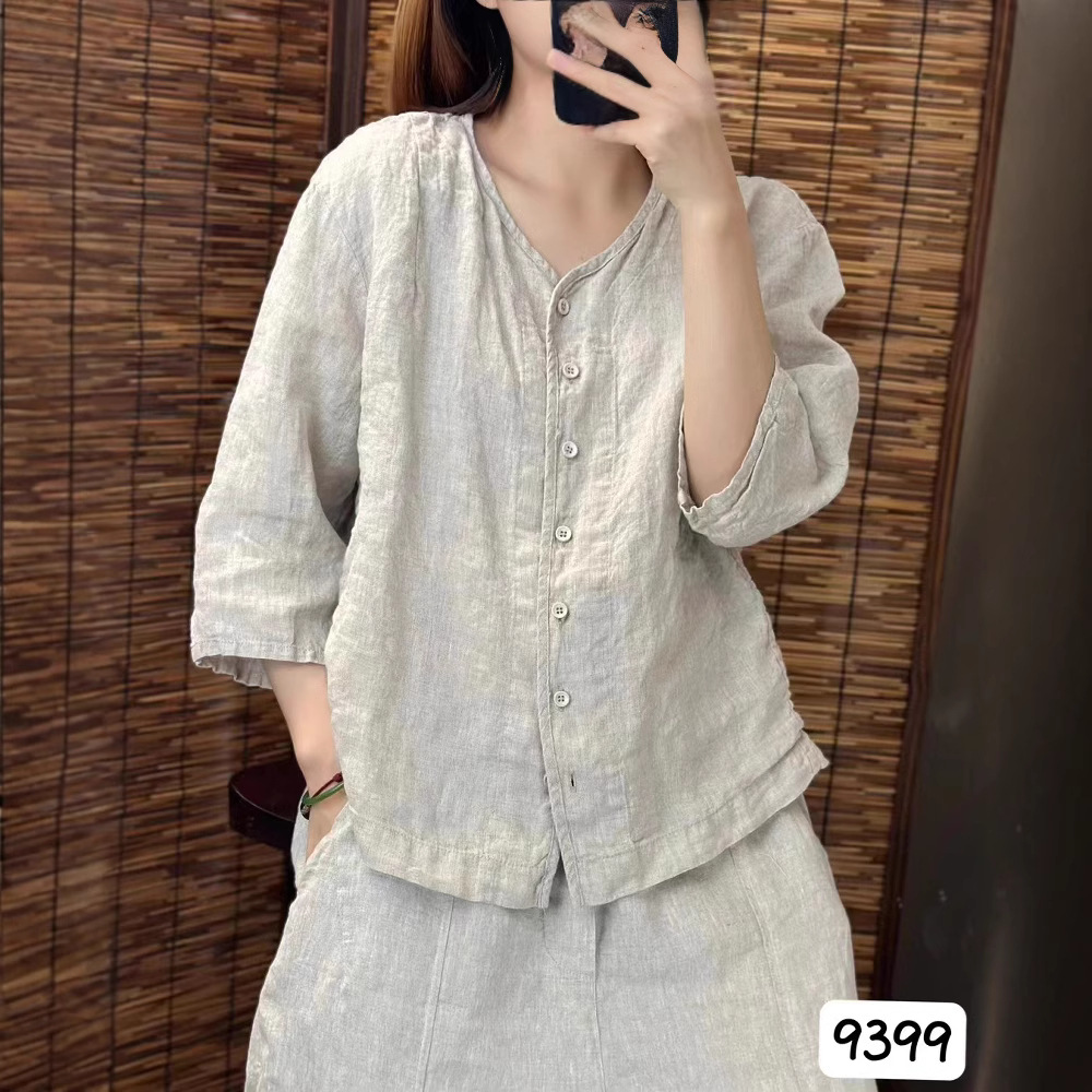 シンプルファッション リネンVネックシャツ 前開きゆったりブラウス