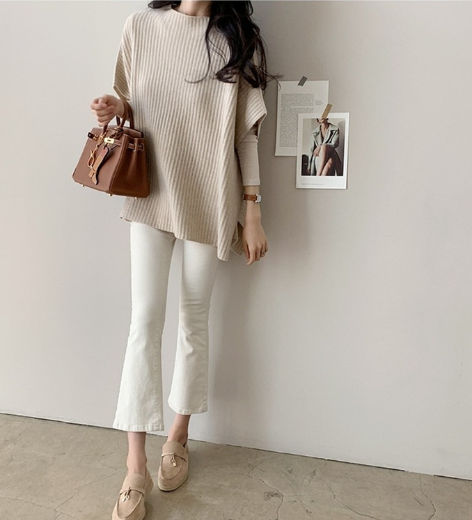 シンプルファッション 4色展開 リブニットマント ゆったりトップス 無地 体型カバー