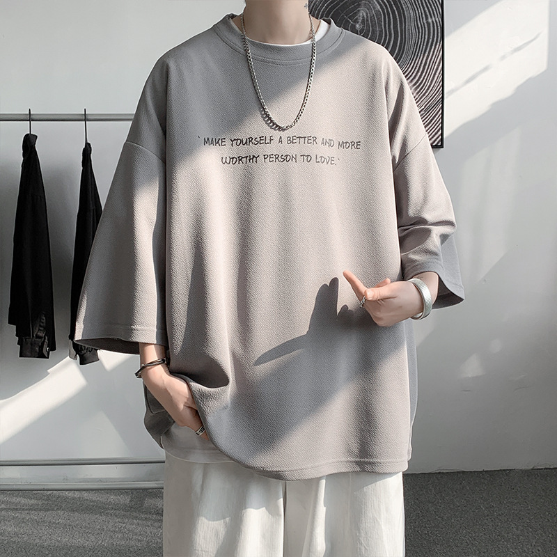 シンプルファッション メッセージプリント七分袖ゆったりTシャツ
