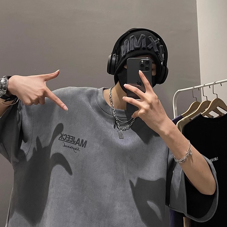 シンプルファッション レトロロゴオーバーサイズ半袖Tシャツ