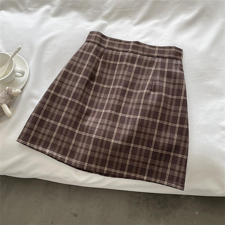 シンプルファッション チェック柄ハイウエストミニスカート秋冬
