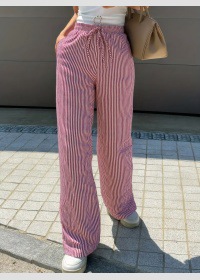 シンプルファッション 縦縞デザイン高腰幅広ストレートパンツ