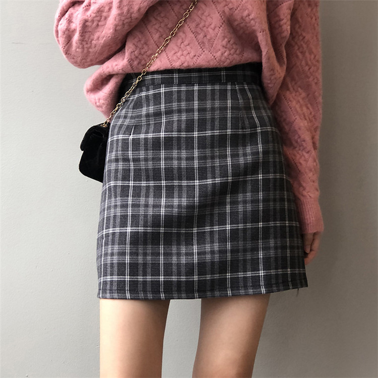 シンプルファッション チェック柄ハイウエストミニスカート秋冬