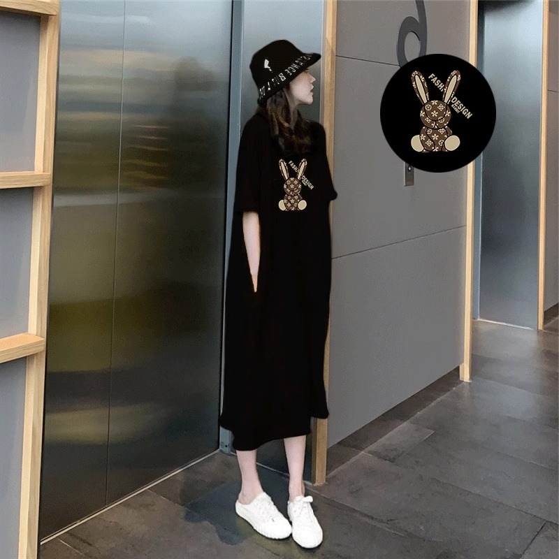 シンプルファッション うさぎモチーフ ロング丈コットンワンピース