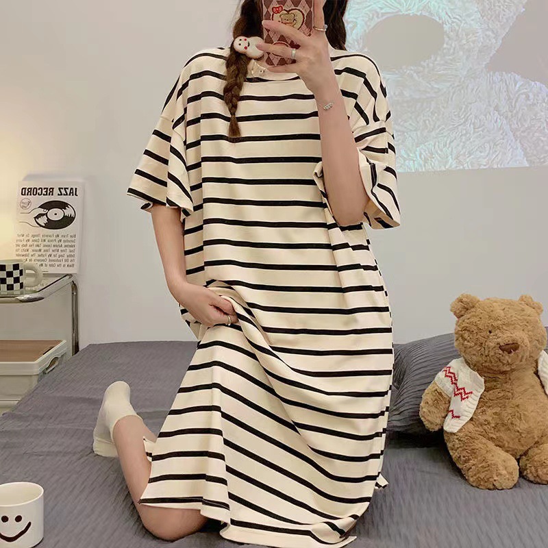 シンプルファッション ゆったりボーダーワンピース型ルームウェア