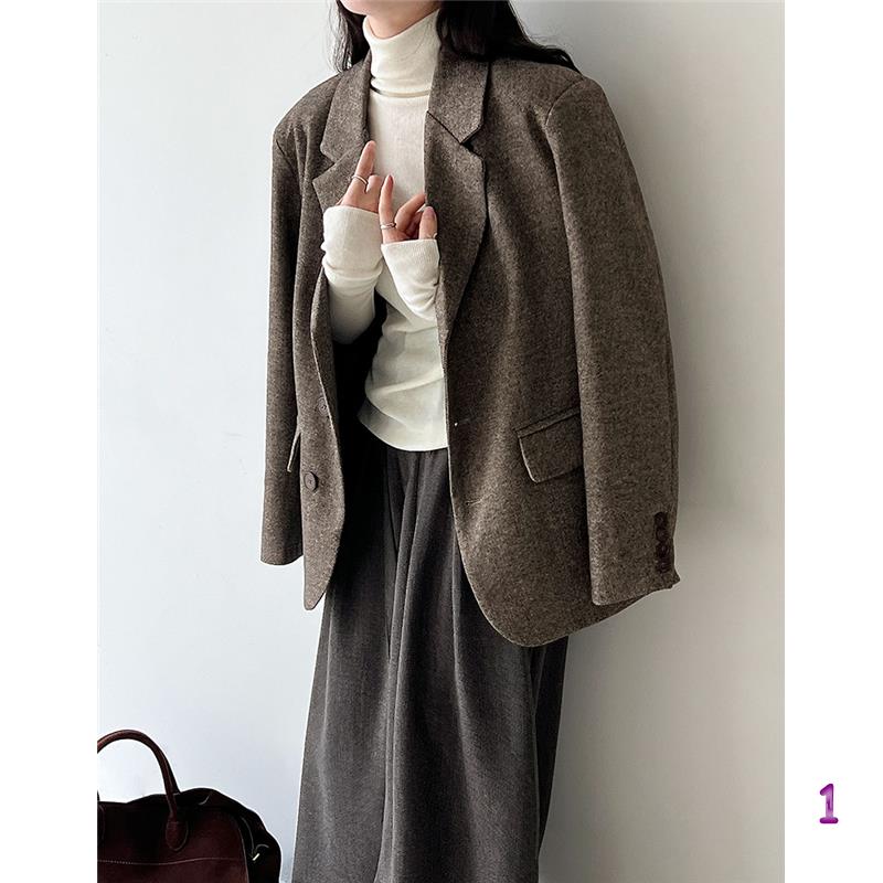 シンプルファッション レディース ウール混テーラードジャケット ブラウン