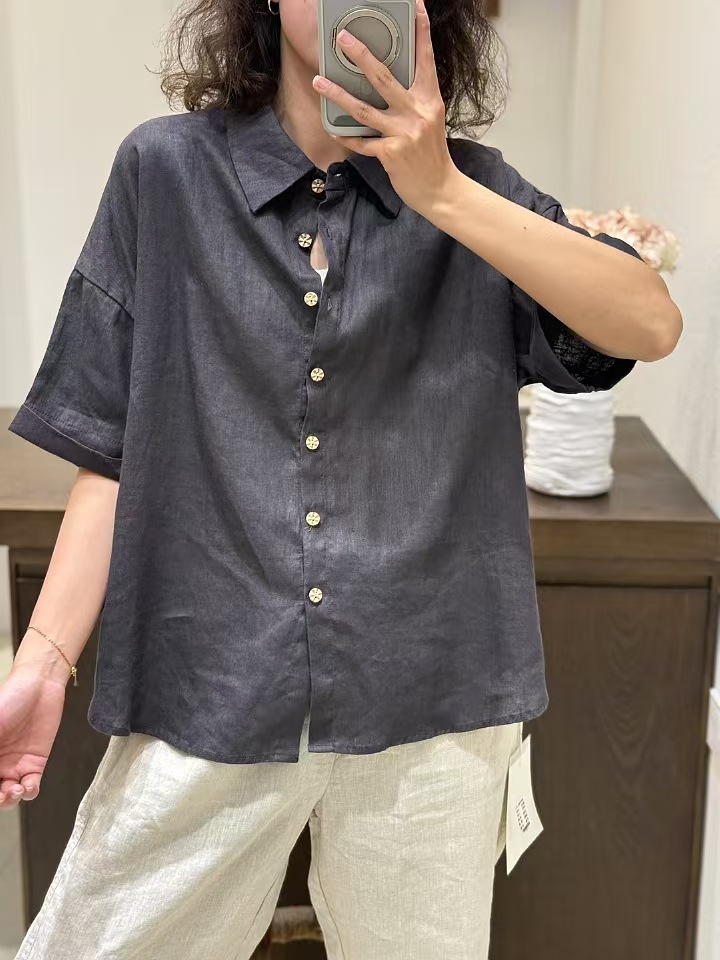 シンプルファッション リネン素材半袖シャツ 上品シンプルデザイン
