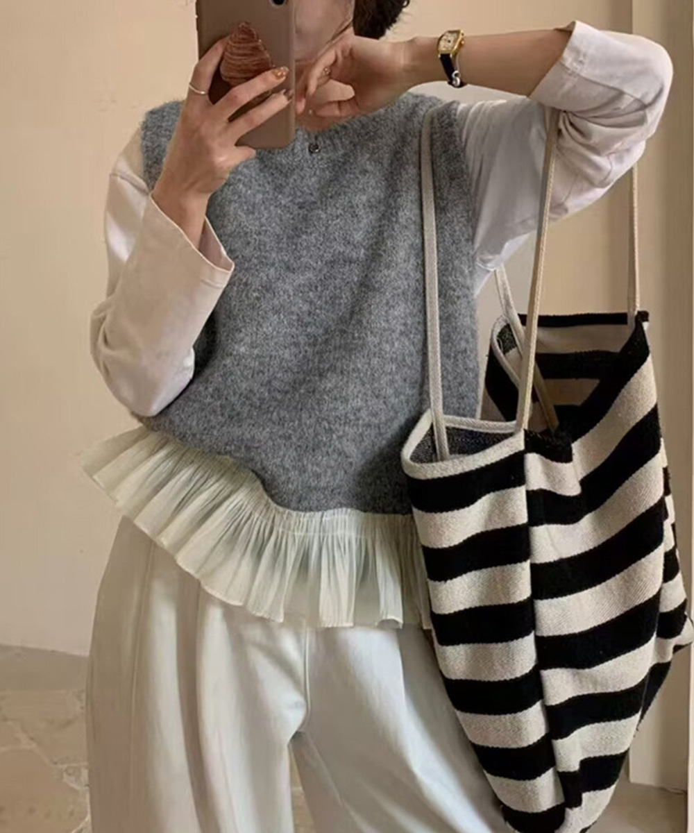 シンプルファッション 裾フリル付きニットベスト レディース 重ね着