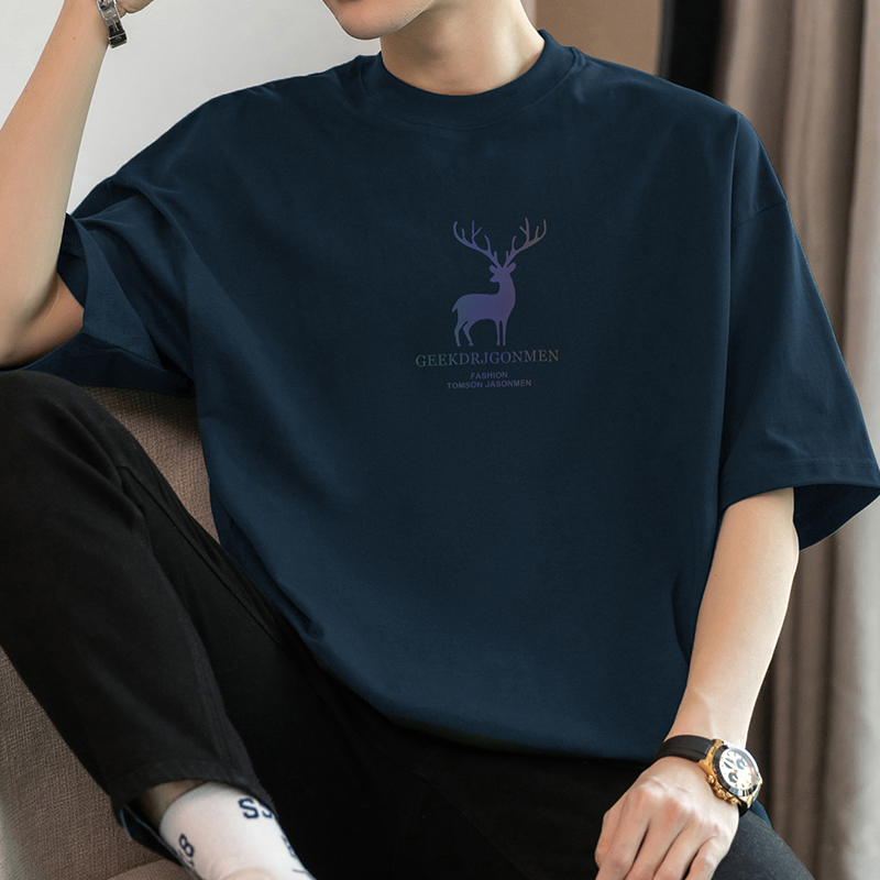 シンプルファッション 厚手純綿鹿柄プリントTシャツ