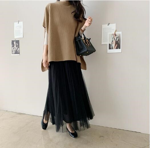 シンプルファッション 4色展開 リブニットマント ゆったりトップス 無地 体型カバー