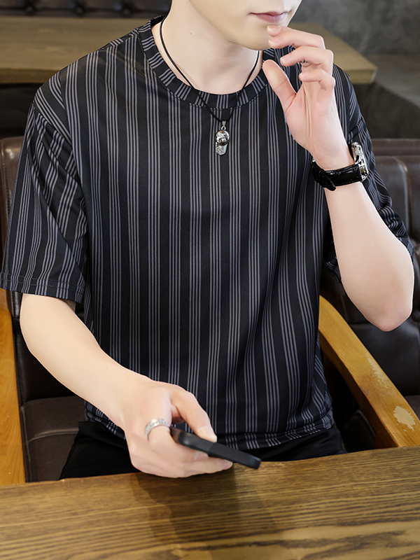 シンプルファッション シンプル縦ストライプ半袖カットソー