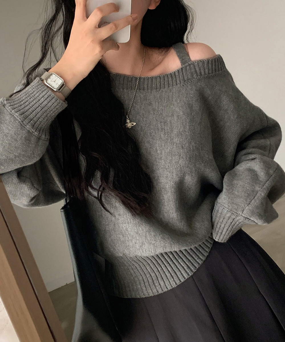 シンプルファッション ワンショルダーニットトップス肩見せ秋冬