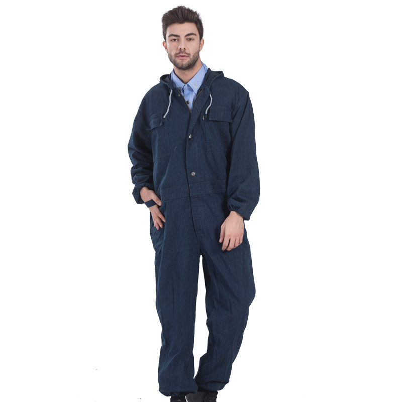 作業着 フード付き長袖デニム調つなぎ作業服