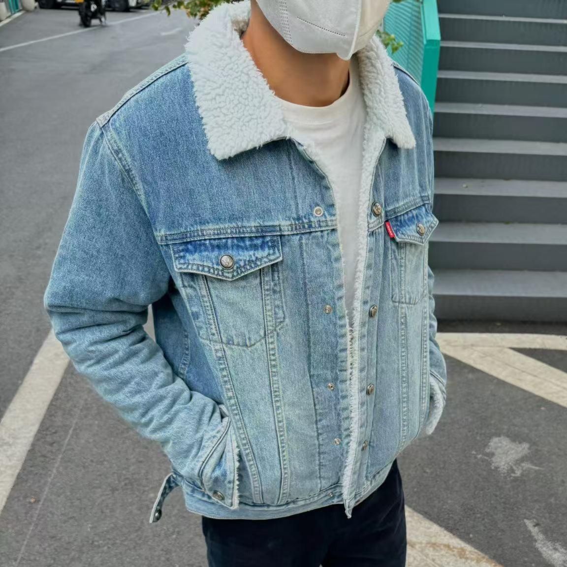 デニムジャケット もこもこ襟付き防寒デニムジャケット