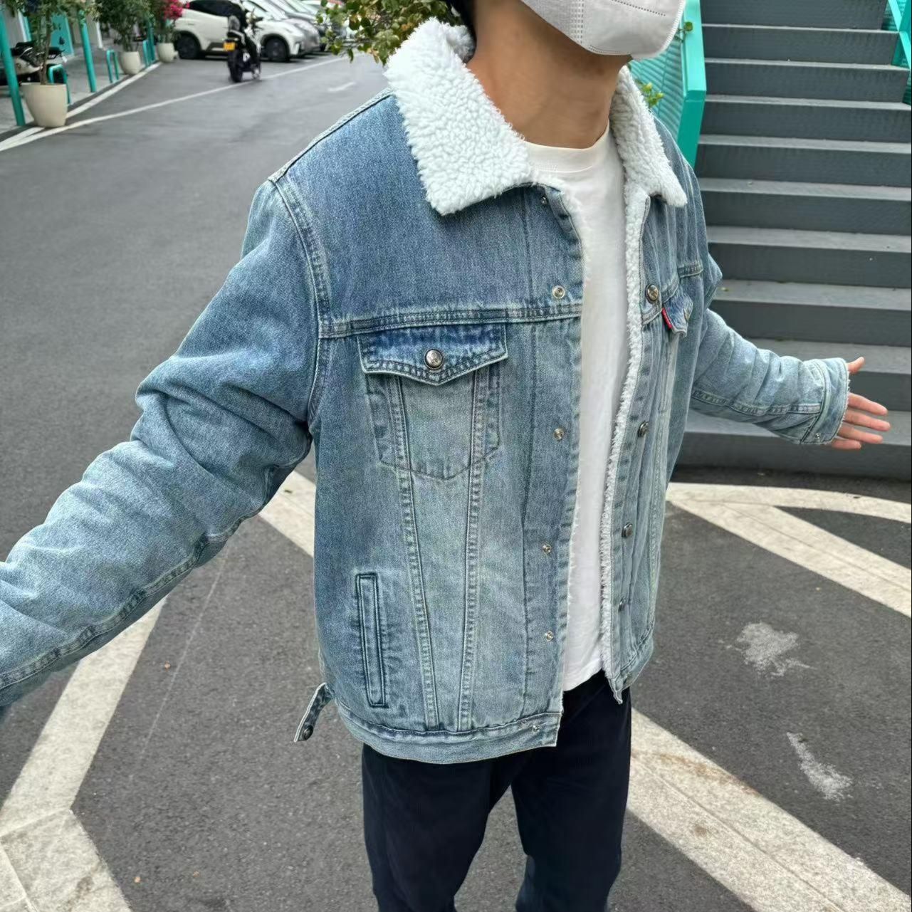 デニムジャケット もこもこ襟付き防寒デニムジャケット