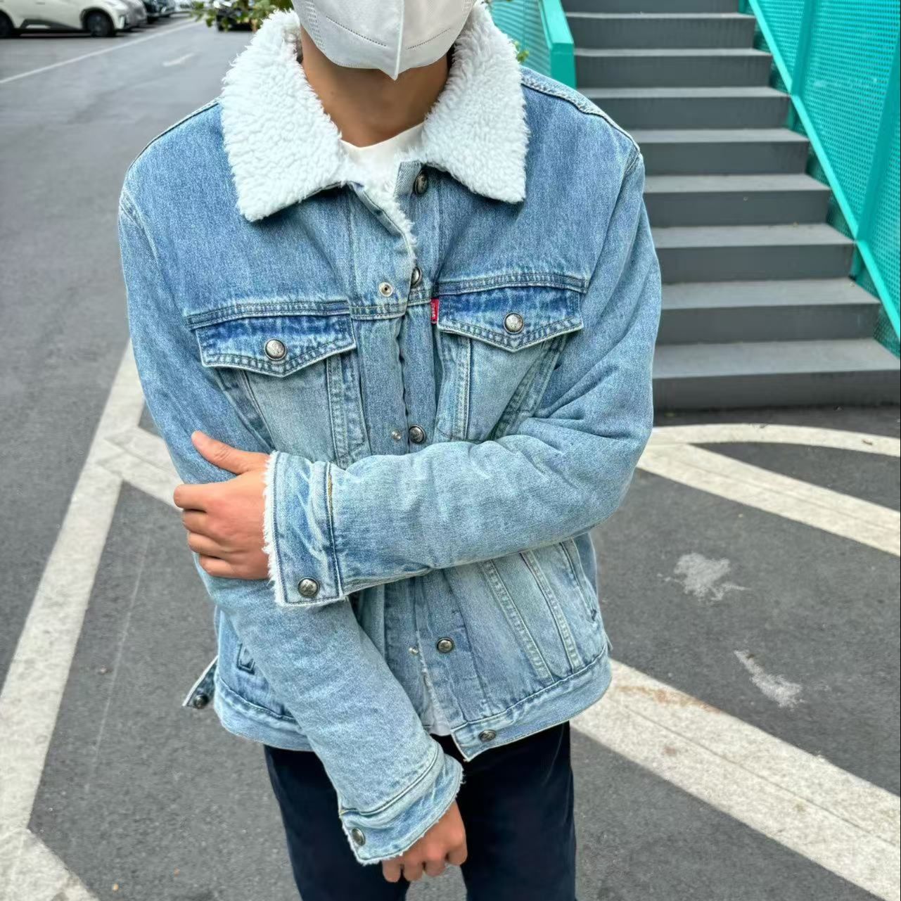 デニムジャケット もこもこ襟付き防寒デニムジャケット
