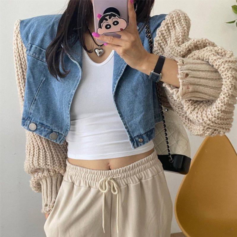 デニムジャケット レディース 秋冬新作 袖切り替えニット風ジャケット