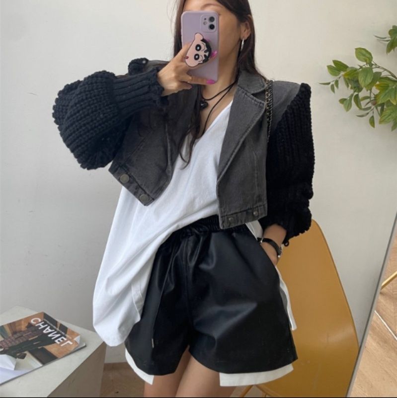 デニムジャケット レディース 秋冬新作 袖切り替えニット風ジャケット