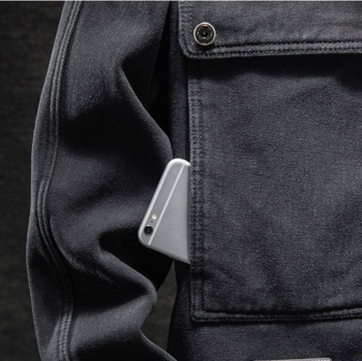 デニムジャケット 黒裏ボア仕様多機能ポケット付きデニムジャケット