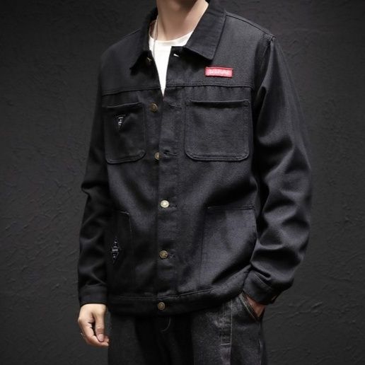 デニムジャケット黒 胸元ポケット付き多機能デニムジャケット