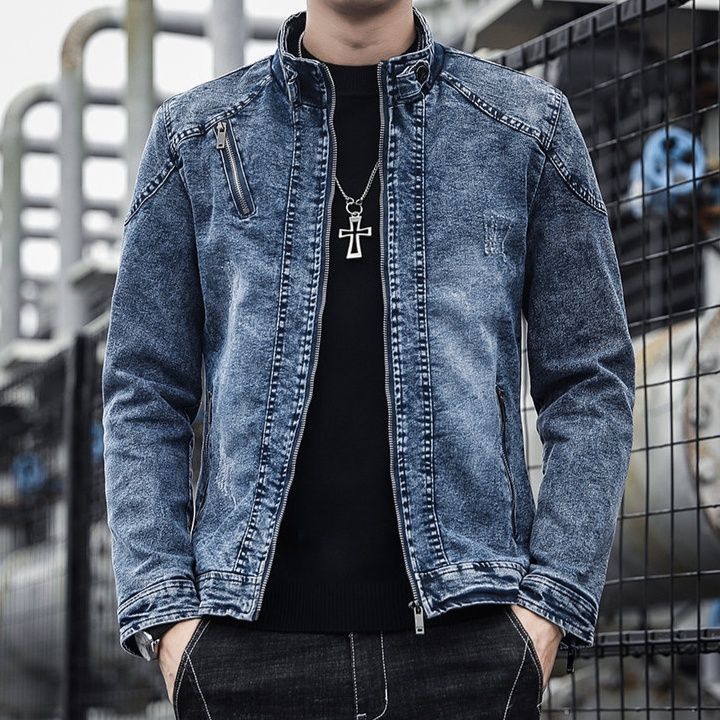 デニムジャケットメンズ 立襟ジップアップ加工デニムジャケット