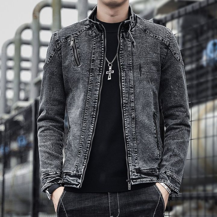 デニムジャケットメンズ 立襟ジップアップ加工デニムジャケット